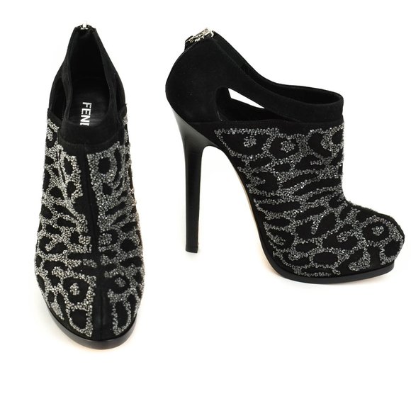 FENDI: Black, Leather Beaded Platform Logo Heels - Picture 1 of 11